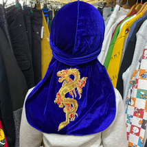 【新品/未使用】 高級ベロア素材 DU-RAG ドゥーラグ ブルー ドラゴン 龍 HIPHOPスタイル インナーキャップ ビーニー 刺繍 スパンコール _画像2