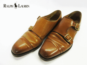 (D) Ralph Lauren ラルフローレン ダブルモンクストラップシューズ 9.5E ブラウン レザーシューズ 短靴 革靴