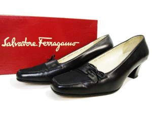 (D) Salvatore Ferragamo リボン パンプス 5.5 ブラック フェラガモ シューズ ヒール