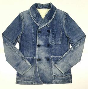  superior article [ENGINE LABEL] Vintage processing Denim pea coat Washed-Blue SIZE:M made in Japan 