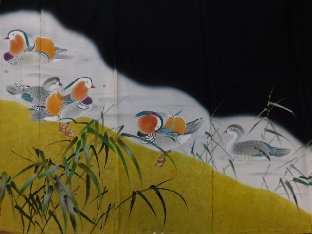 [Rakufu] P15216 tomesode noir Yuzen Oshidori peint à la main non adapté nouveau et utilisé k, mode, kimono femme, kimono, Tomésode