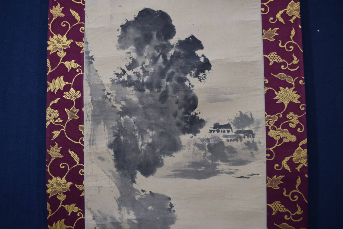 Genuine work/Buncho Tani/Waterfall landscape/Waterfall and lake village//Hanging scroll ☆Treasure ship☆Z-163, Painting, Japanese painting, Landscape, Wind and moon