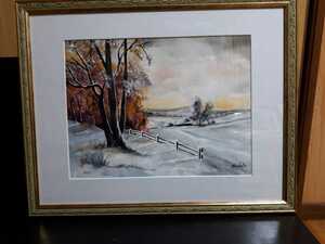 Art hand Auction Watercolor painting sunset countryside winter scene, painting, watercolor, Nature, Landscape painting