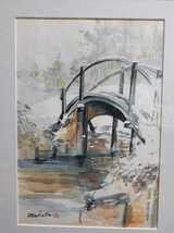 水彩画　雪深い橋の姿_画像1