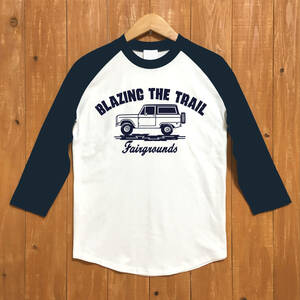 ■BLAZING THE TRAIL ベースボールTシャツ■Sサイズ（ネイビー袖xネイビー） アメ車　アメリカ　フォード　ブロンコ　FORD BRONCO BBQ
