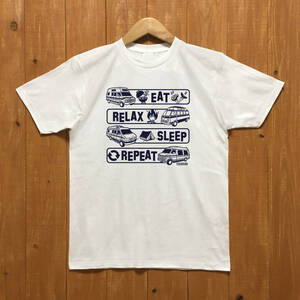 ■ REPEAT Tシャツ■レディースLサイズ相当（ホワイトxネイビー）　ダッジバン　キャンプ　アウトドア　バ－ベキュ－ BBQ DODGE