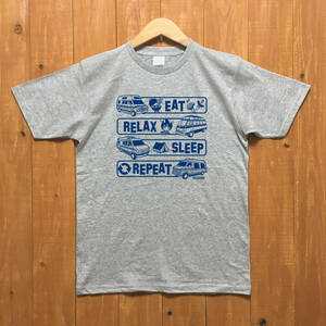 ■REPEAT Tシャツ■レディースMサイズ相当（グレーxブルー）　ダッジバン　キャンプ　アウトドア　バ－ベキュ－ BBQ DODGE