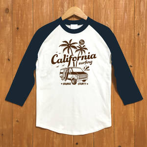 ■CALIFORNIA ベースボ－ルTシャツ■Lサイズ（ネイビー袖xブラウン） アメ車 カリフォルニア　シェビーバン　サーフィン　CHEVY