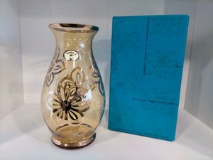 未使用◎ボヘミアグラス フラワーベース ガラス 花瓶 ボヘミアガラス クリスタルレックス 植物柄 金彩 雑貨