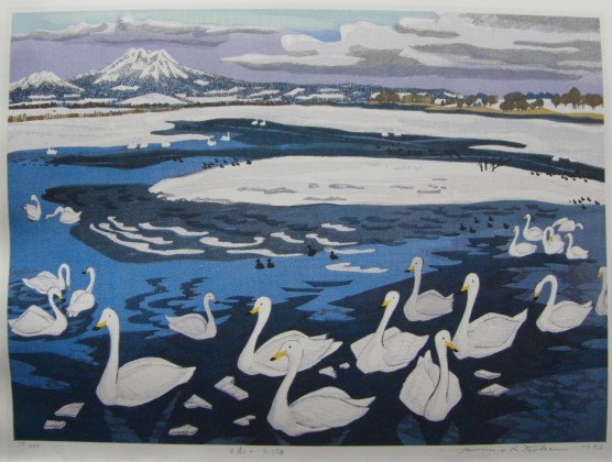 Fumio Kitaoka, Schwanensee, Landschaft von Hokkaido, Vintage und seltene gerahmte Kunst, Kommt mit maßgeschneiderter Matte und brandneuem japanischen Rahmen, Kostenloser Versand, Malerei, Ölgemälde, Natur, Landschaftsmalerei