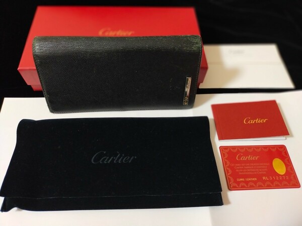 傷あり★カルティエ★二つ折りレザー長財布 サントス 箱付き カード付き ブラック CARTIER メンズ