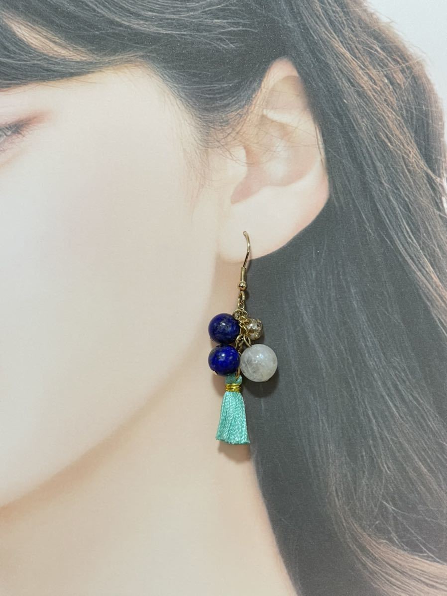 [Rencontrez/protégez-vous] Boucles d'oreilles à pampilles en pierre de puissance pierre de lune arc-en-ciel/lapis lazuli (862), Fait main, Accessoires (pour femmes), des boucles d'oreilles, des boucles d'oreilles
