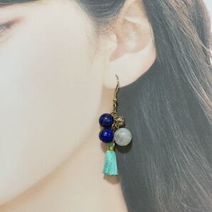 【出会い・身を守る】パワーストーンタッセルピアス レインボームーンストーン・ラピスラズリ(862)