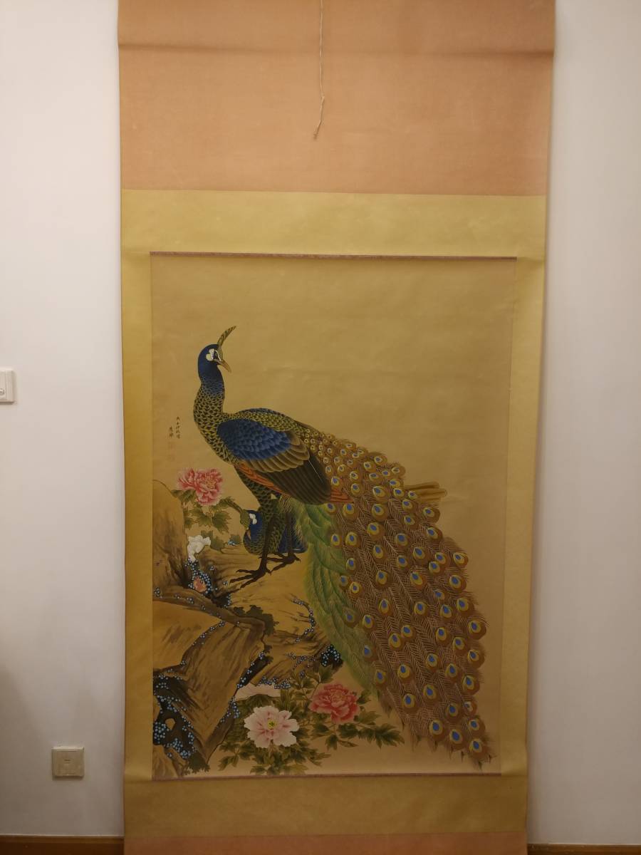 [副本][白凤](丸山御行)特大牡丹孔雀附盒手写挂轴：彩绘, 绘画, 日本画, 花鸟, 飞禽走兽