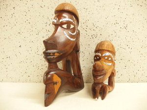 1010271s【THE LITTLE HAWAIIAN CRAFT SHOP 置物 2点】木彫り/顔/ハワイ/H17.5cm,30.5cm/中古品