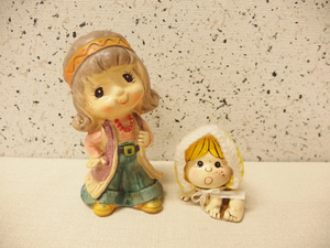 1110342w【昭和レトロ 赤ちゃん・女の子 人形セット】中古品/H6.3～13.8cm程/焼物材質/KK JAPAN.MIDORIラベル有り/置物/※表面にひび割れ有