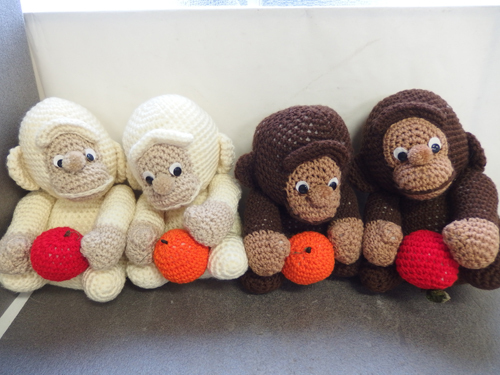 690702s [Monkey Amigurumi Set of 4] Monkey/Handmade/White, Brown/Sitting total length 33~36cm/Used item/Stuffed toy, hobby, culture, hand craft, handicraft, others