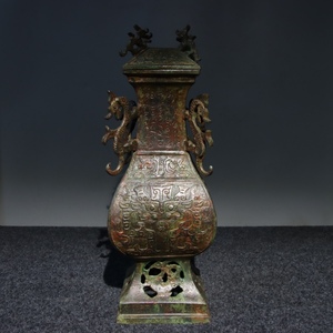 【典藏*青銅製*四龍瓶】置物 賞物 超美品 中国古美術