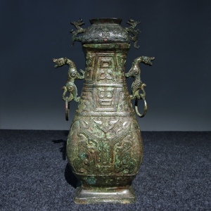 【典藏*青銅製*雙龍瓶】置物 賞物 超美品 中国古美術 時代物
