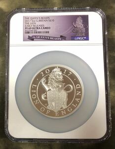 2017年 クイーンズビースト ライオン イギリス 銀貨 5オンス 10ポンド NGC PF69 アーリーリリース モダンコイン アンティークコイン