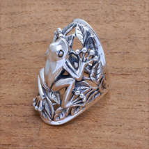 [RING] Vintage Silver Frog 葉っぱの上のカエル フロッグ デザイン ヴィンテージ シルバー リング 23号_画像1