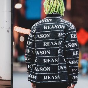 ◆REASON CLOTHING◆ロゴ シェルパ ジャケット◆ブラック L 総柄 もこもこ フリース ボアジャケット★派手柄