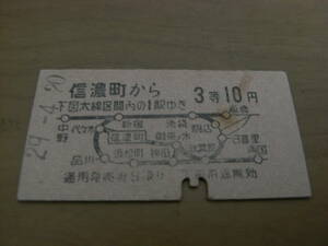 中央本線　信濃町から3等10円　昭和29年4月20日　国鉄　Ａ型硬券