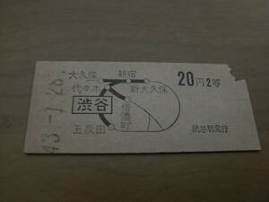 山手線　渋谷から20円2等　昭和43年1月28日　渋谷駅発行　国鉄