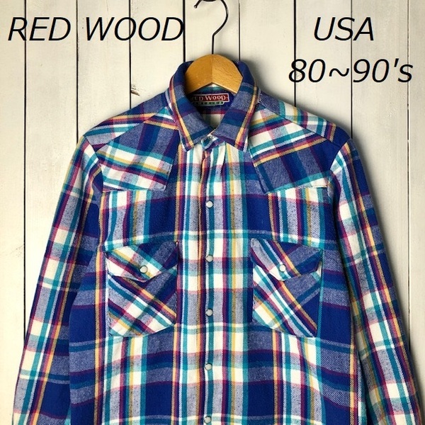 sh●291 USA古着 80s～90s USA製 RED WOOD チェック 厚手 ヘビーネルシャツ オールド ヴィンテージ M～L レッドウッド ウエスタンシャツ