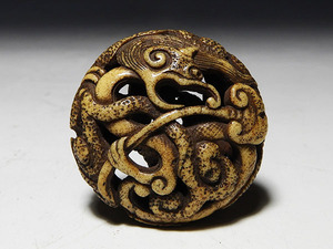 [ luck ].. thing : deer angle carving dragon . left netsuke .. school 