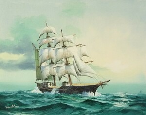 油彩画 洋画 肉筆油絵 F6号 「帆船 海景画」-86- 特価