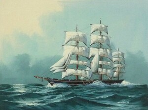 油彩画 洋画 肉筆油絵 F6号 「帆船 海景画」-113- 特価