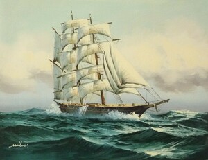 油彩画 洋画 肉筆油絵 F6号 「帆船 海景画」-90- 特価