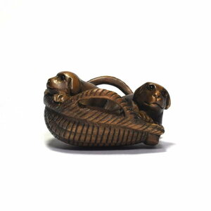  netsuke Buxus microphylla .. dog yellow . delicate sculpture wooden dog [a9-22]