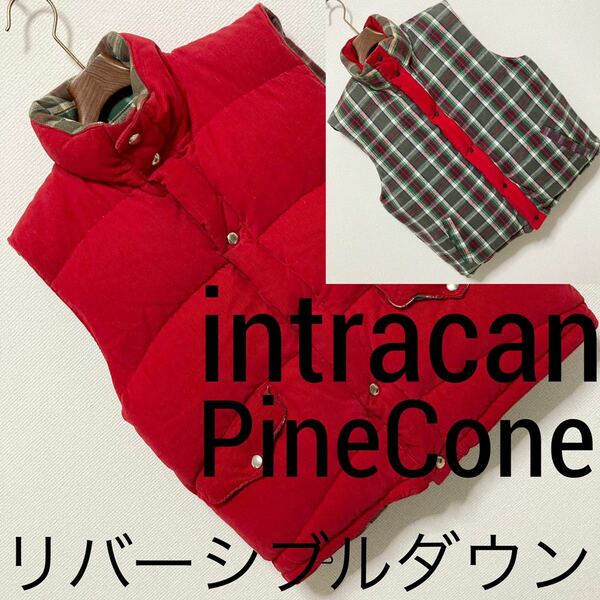 カナダ製◆intracan パインコーン◆リバーシブル ダウンベスト チェック S レッド グレー グリーン コーデュロイ PineCone made in canada