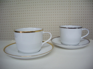 ノリタケ Noritake カップ ＆ ソーサー 2客セット◆ゴールド ＆ シルバー 縁取り 2種セット◆箱入り 昭和 レトロ