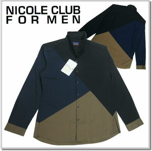 ニコルクラブフォーメン NICOLE CLUB FOR MEN パネルショートイタリアンカラーシャツ 2164-8002-46(M) 配色切り替えシャツ