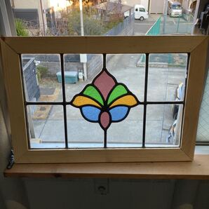 7s-827 アンティークステンドグラス 花草柄/格子柄/上下使い可 1920年代英国製/イギリス製