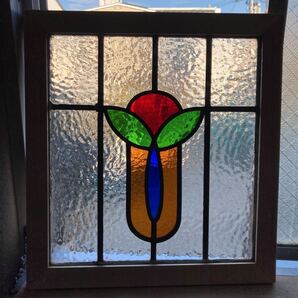 7s-942 アンティークステンドグラス 花草柄/格子柄/上下使い可 1920年代英国製/イギリス製