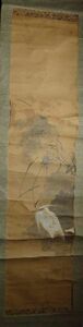 稀少 アンティーク 鷺 サギ 蓮 ハス 落款 紙本 肉筆 掛軸 絵画 日本画 古美術