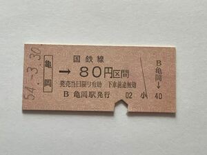 【希少品セール】国鉄 金額式乗車券 (亀岡→80円区間) 亀岡駅発行 1019