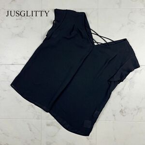 美品 JUSGLITTY ジャスグリッティー バックデザイン フリルブラウスカットソー 半袖 レディース 黒ブラック サイズ2*NA397