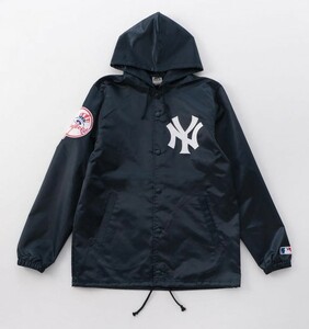 2016 絶版品 Majestic マジェスティック フード付きサテンコーチジャケット Yankees 紺 アップリケ＆パッチ M・身幅約53.2cm※未使用品