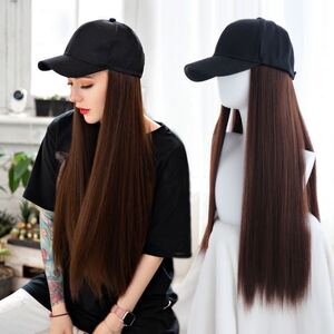 帽子ウィッグ レディース キャップ ゆるふわ ロングストレート イメージチェンジ 高耐熱 キャップ付きロングウィッグ ダークブラウン