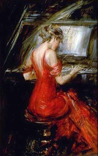Ölgemälde von Giovanni Boldini_Frau in einem roten Kleid spielt Klavier ma2554, Malerei, Ölgemälde, Porträts