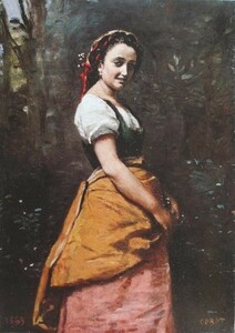 油絵 カミーユ･コローの名作_森の中の若い女 MA1284, 絵画, 油彩, 人物画