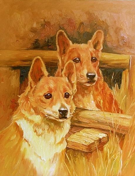 Шедевр картины маслом Артура Уордла_Две собаки корги ma509, Рисование, Картина маслом, Портреты