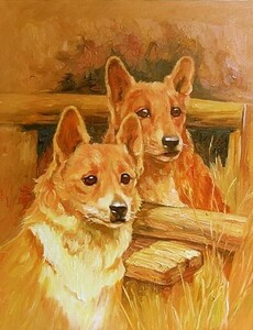 Art hand Auction Peinture à l'huile chef-d'œuvre d'Arthur Wardle_Deux chiens Corgi ma509, peinture, peinture à l'huile, portrait