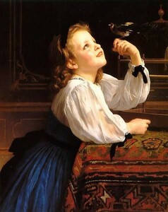 油絵 ウイリアム･ブーグローの名作「鳥さんこんにちは」 MA1410, 絵画, 油彩, 人物画