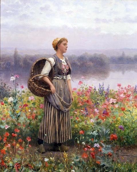 Pintura al óleo La obra maestra de Daniel Ridgway Knight_Mujer recogiendo flores ma1080, cuadro, pintura al óleo, retrato